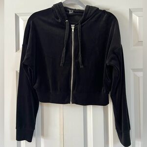 Black Velour Crop Zip Up Sweatshirt